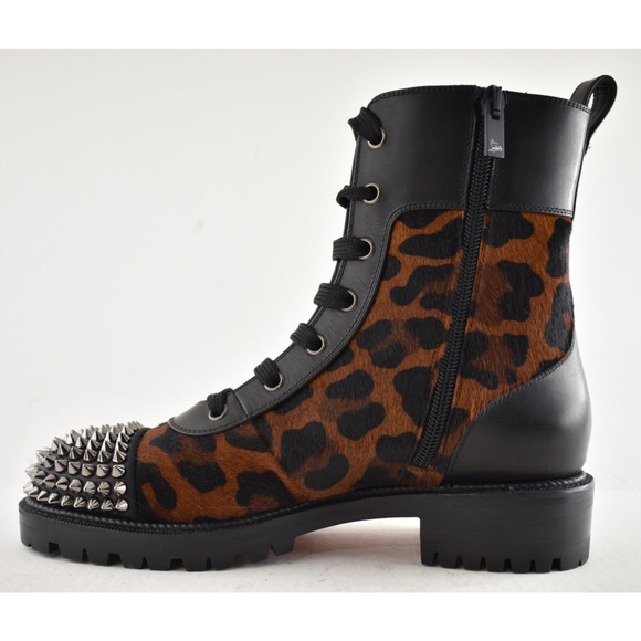 Christian Louboutin TS Croc Flat Black Leopard Pony Spike Combat Ankle Boot 38 - Picture 11 of 15
